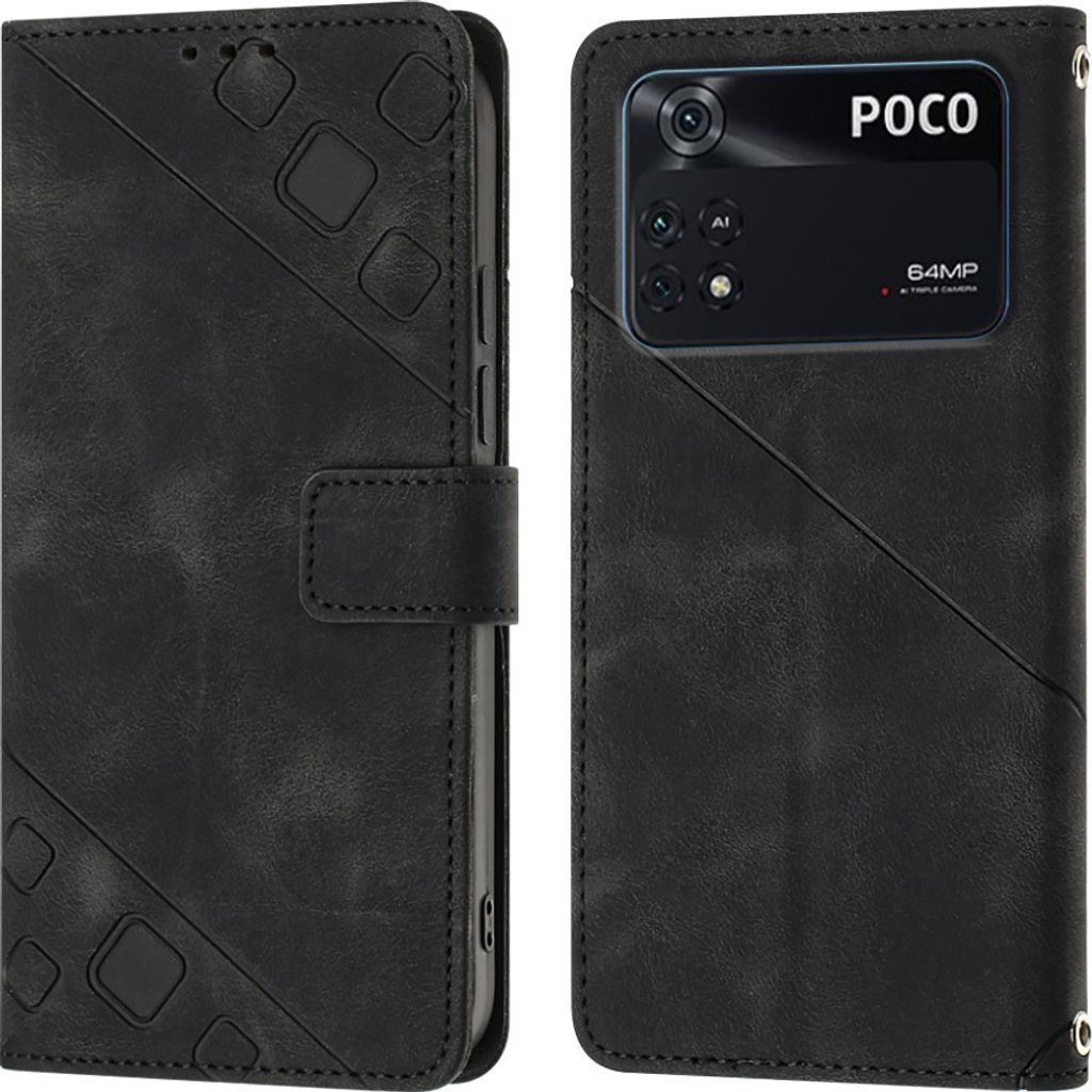 Hülle für Xiaomi Poco M4 Pro 4G Prägung Flip Leder Brieftasche Schutzhülle mit Ständer Schwarz