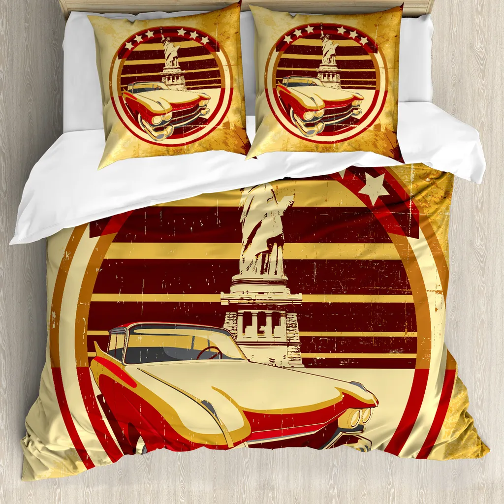 ABAKUHAUS Copripiumino Oldtimer, americano, antiacaro, adatto a chi soffre di allergie, con federe, 155 cm x 220 cm - 80 x 80 cm, giallo rosso marrone