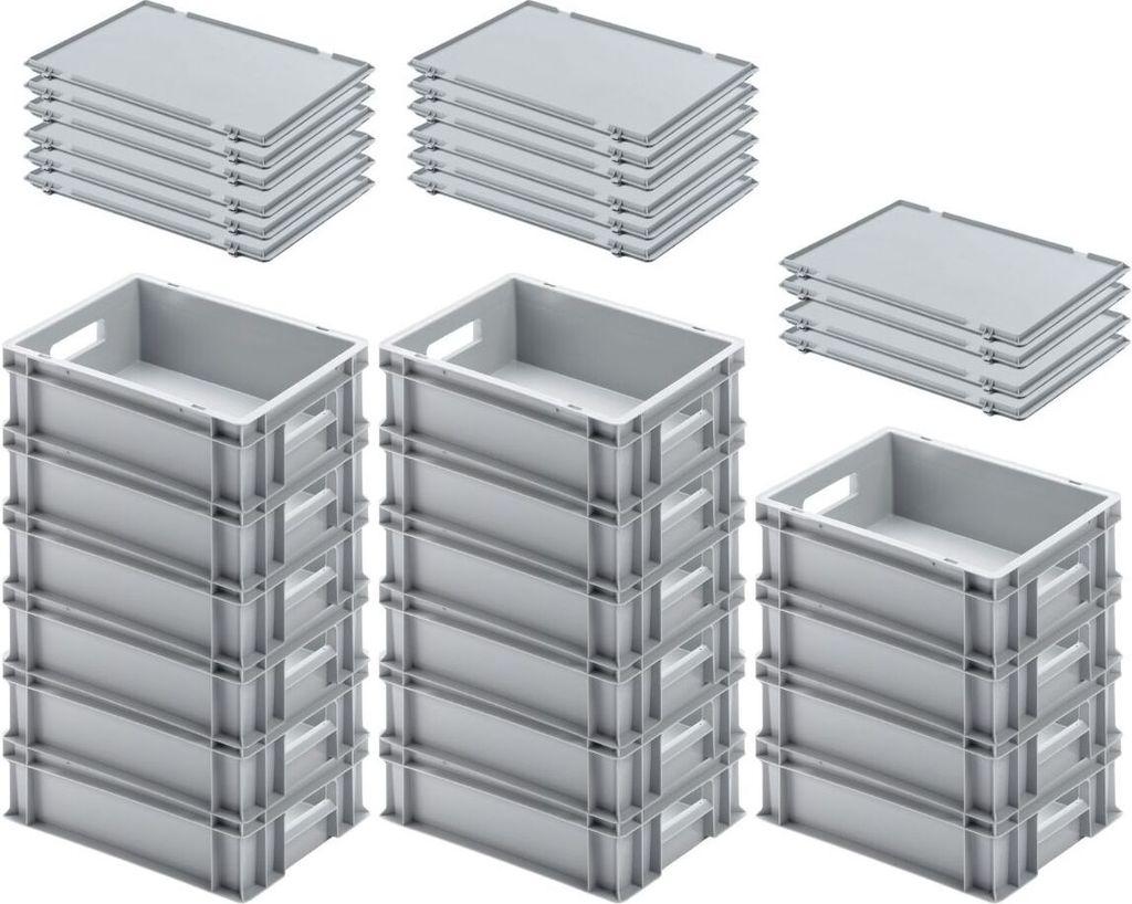 SuperSparSet 16x Eurobehälter mit offenem Griff und Scharnierdeckel | HxBxT 12x30x40cm | 11 Liter | Grau | Eurobox, Transportbox, Transportbehält...