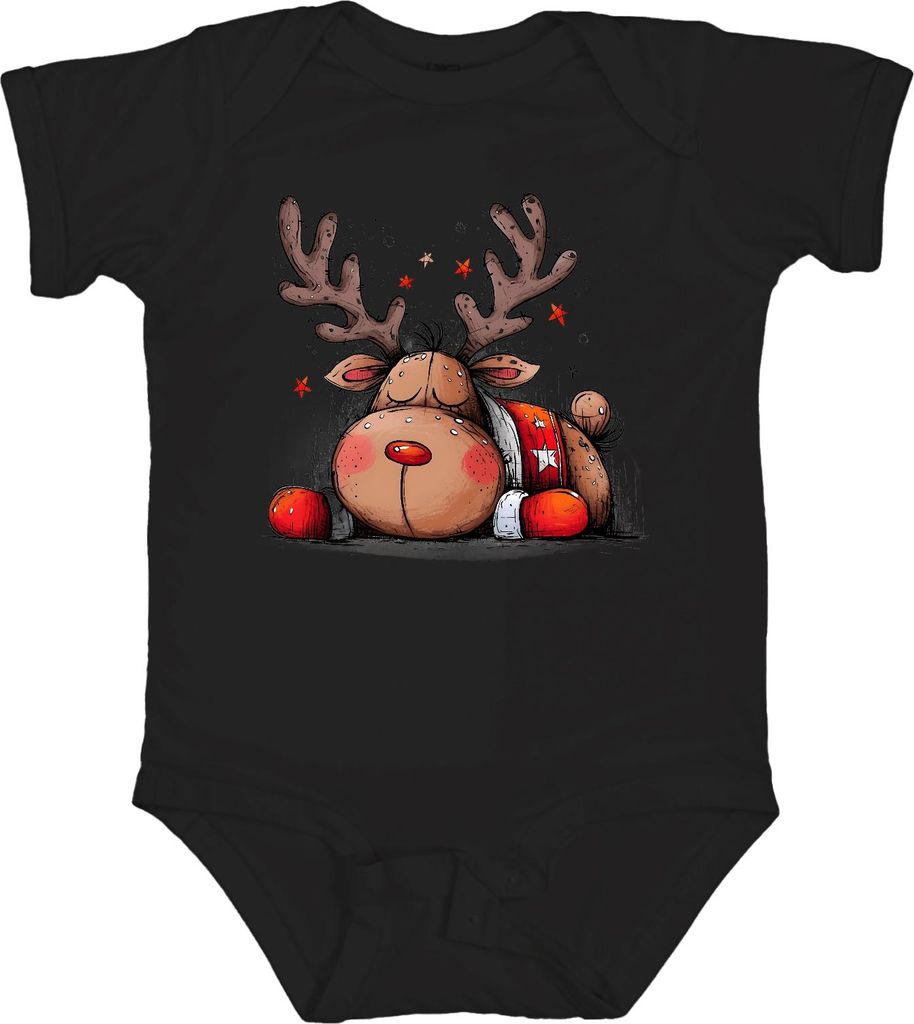 Weihnachten schlafendes Rentier rote Nase Geweih Sterne Niedlich Unisex Baby Body, Schwarz, 12/18