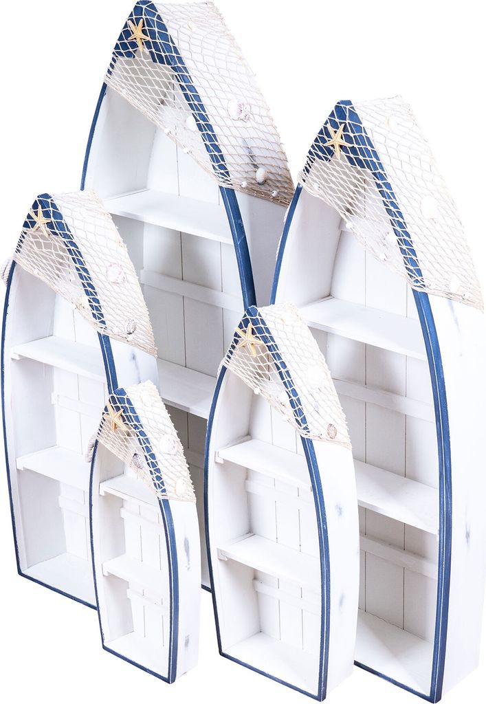 5er Set Regale H48-102cm Boot Holz Maritim Blau Weiß Holzregal Deko Standregal