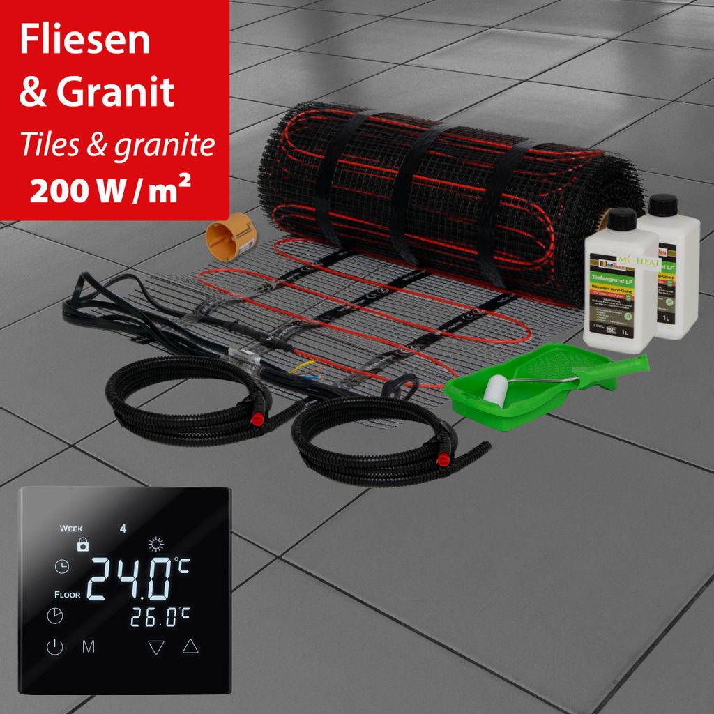 Elektrische Fußbodenheizung Dünnbettheizmatte 200Watt Komplett Set Thermostat Fliesen 12,0m²
