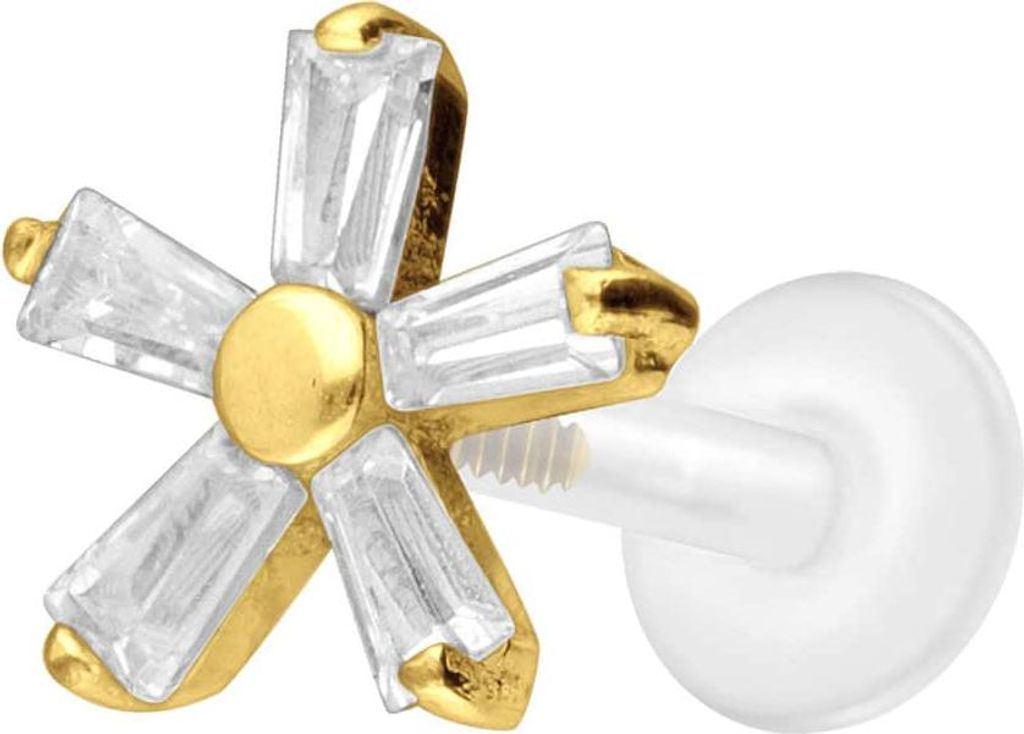 Ohrpiercing, Nasenpiercing PTFE Labret mit Innengewinde + Titan-Aufsatz KRISTALLBLUME Gold Stablänge: 8mm | Stabstärke: 1,2mm