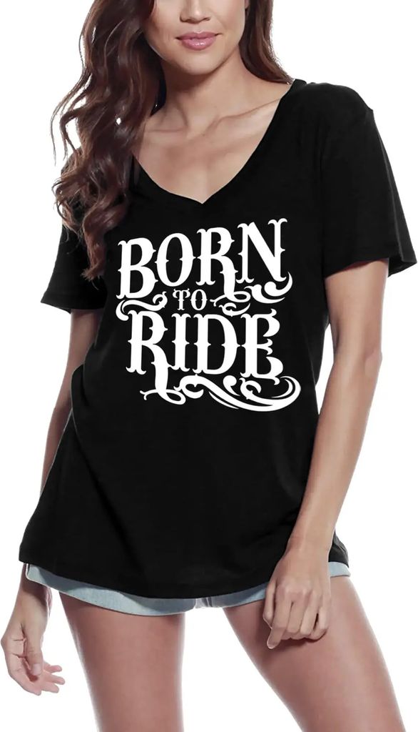Damen Grafik T-Shirt V-Ausschnitt Zum Reiten geboren – Born To Ride – Öko-Verantwortlich Vintage Jahrgang Kurzarm Lustige Druck Geburtstag Ges...