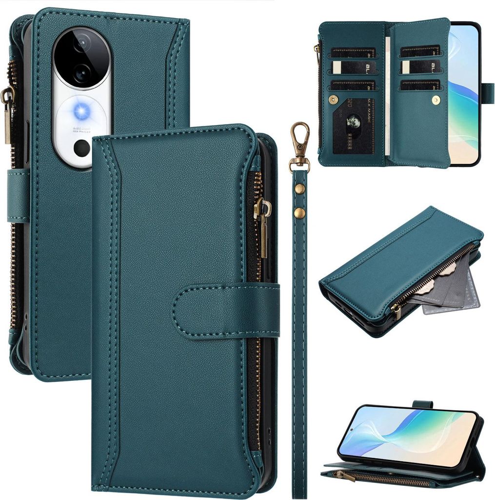 Handyhülle für Vivo S19 Reißverschluss Geldbörse Kunstleder Klapphülle mit Kartensteckplatz, Ständer, Handschlaufe Grün