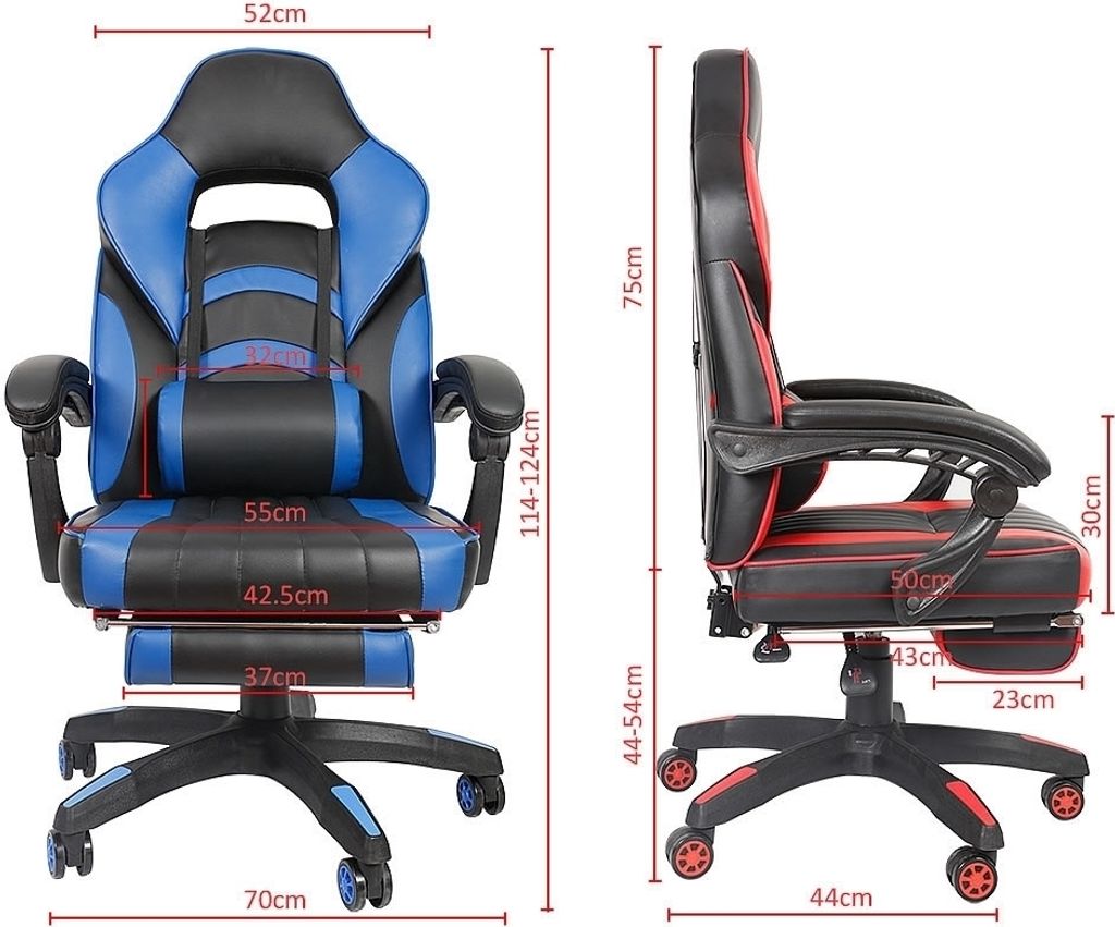 Gaming Drehstuhl schwarz/blau mit Fußstütze, 140° Neigung, Produktbild 