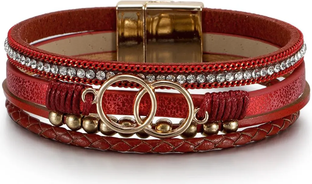 Bracelet bohème femme en or rose avec fermoir magnétique en cuir 19,5cm