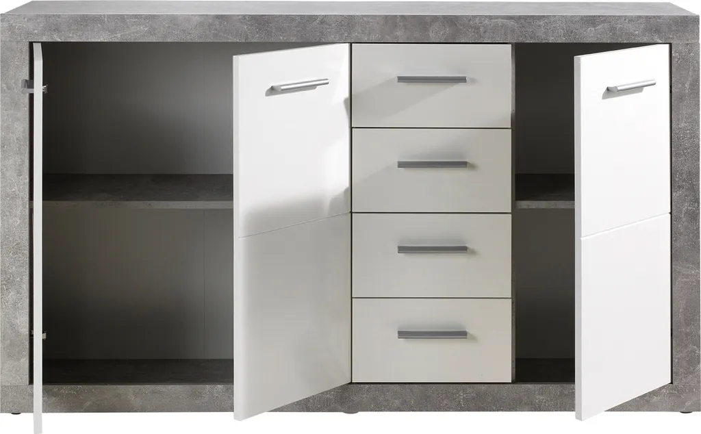 Buffet laqué blanc brillant style industriel béton avec rangements - 6