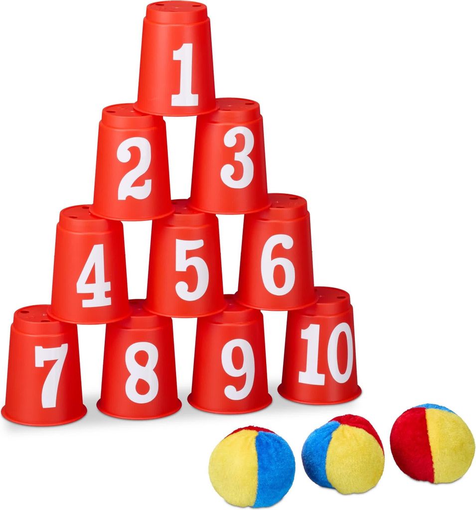 Relaxdays Dosenwerfen für Kinder, Büchsenwerfen Garten, 10 Kunststoffbecher & 3 Bälle, Wurfspiel Kindergeburtstage, bunt