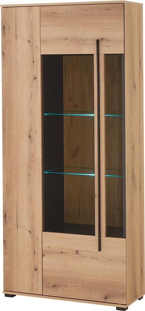 Wohnwand mit Vitrine, Lowboard & Wandregal in Eiche mit LED Beleuchtung, 3 teilig COLORADO-61