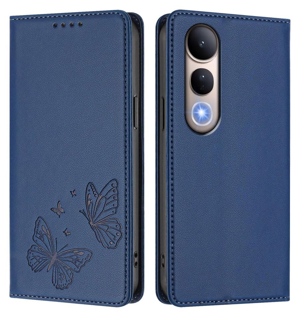 Lederhülle für Vivo V50 Lite 4G/V50 Lite 5G, Schmetterling Prägung Leder Brieftasche Schutzhülle mit Ständer Dunkelblau