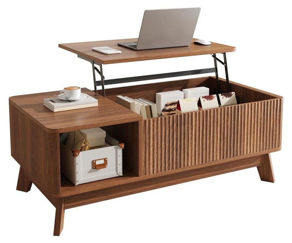 AIORBER Couchtisch mit Hubfunktion, Wellenoptik, Stauraum, offenem Seitenfach, MDF, moderner Wohnzimmertisch, Nussbaum