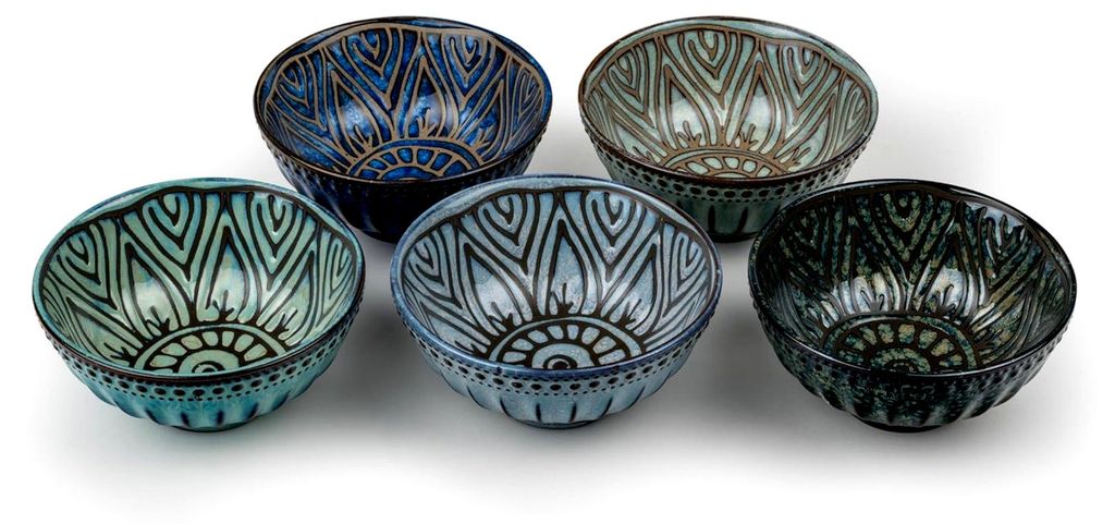 Mini Deko Schalen Set 5-teilig - farbige Snack Schalen aus Porzellan - runde Müslischalen Ø 12 cm