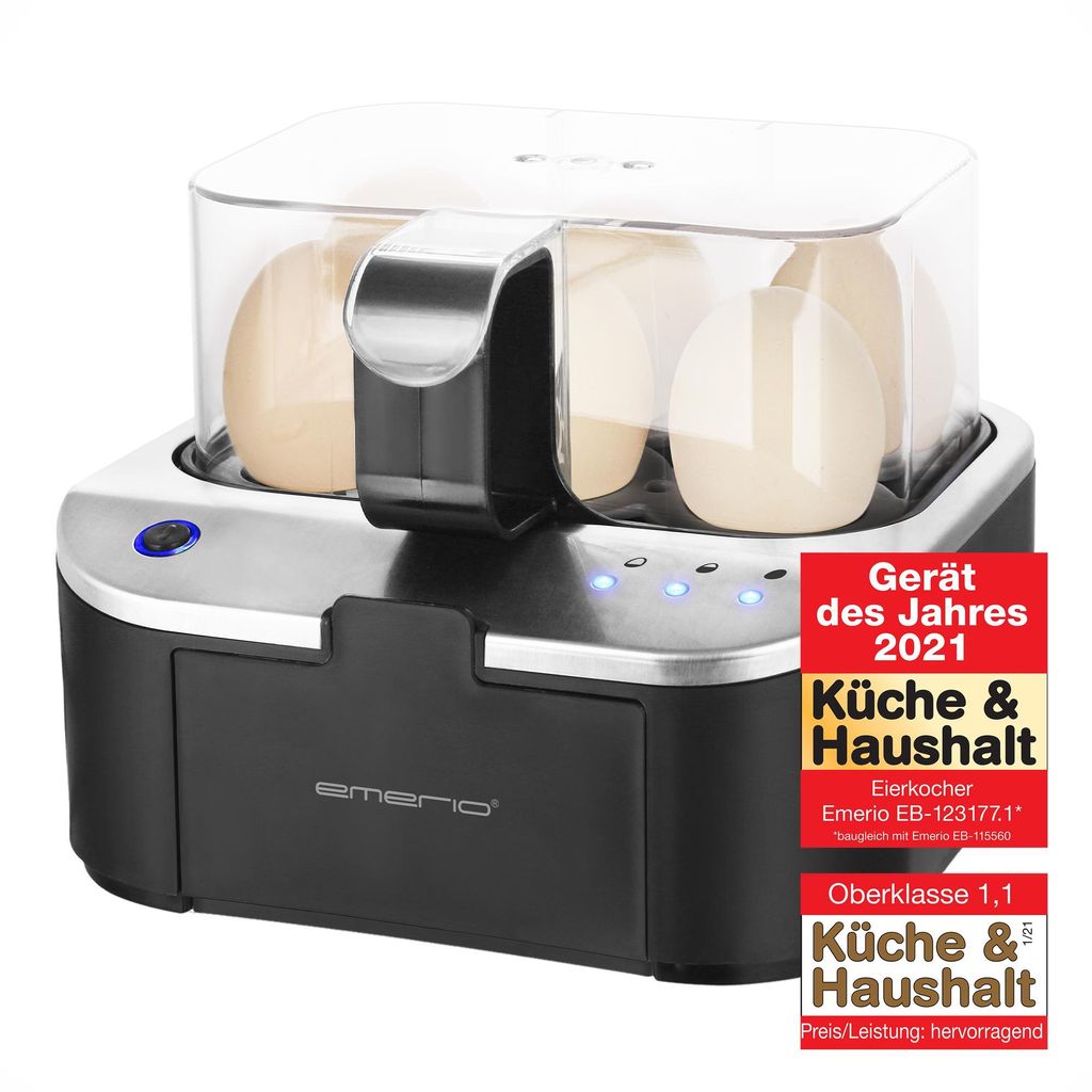 Emerio Smart Eierkocher - 6 Eier, 400W – Sprachansagen mehrsprachig (inkl. Deutsch) – weich/mittel/hart kochen – inklusive Messbecher - EB-12...