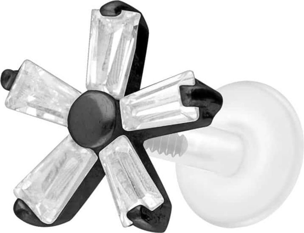 Ohrpiercing, Nasenpiercing PTFE Labret mit Innengewinde + Titan-Aufsatz KRISTALLBLUME Schwarz Stablänge: 6mm | Stabstärke: 1,2mm