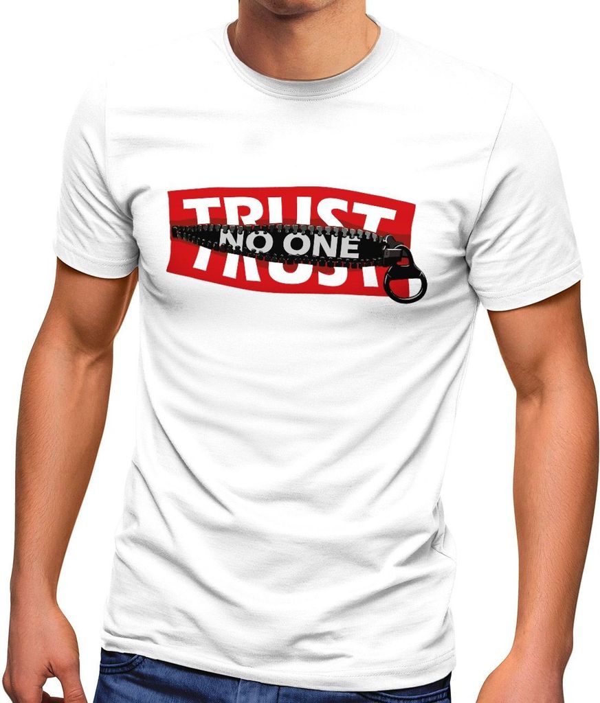 Herren T-Shirt Spruch Warnung Trust no one Aufdruck Print Fashion Streetstyle Neverless weiß 4XL
