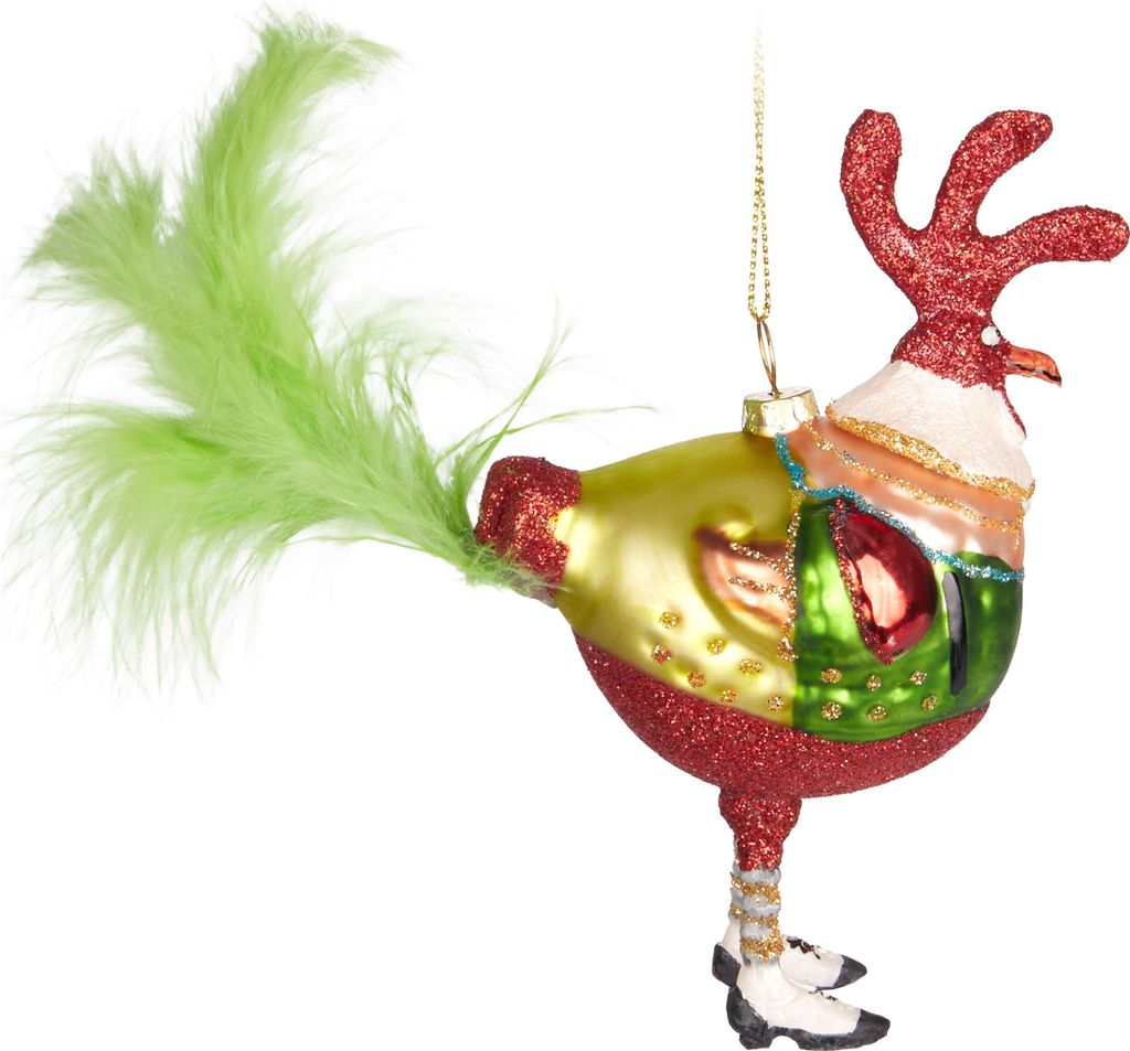 A glass ornament shaped like a rooster, decorated with glitter and feathers, against a white background.