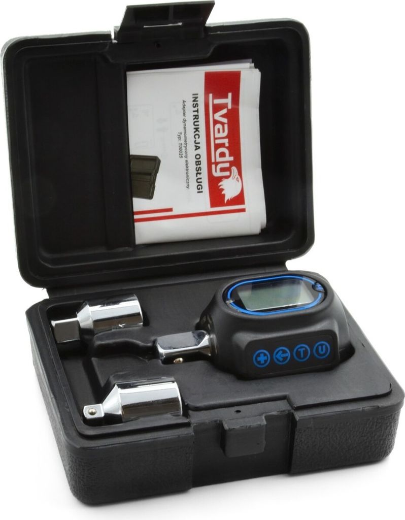 Elektronischer Drehmoment-Adapter zur präzisen Rekalibrierung von Drehmomentschlüsseln mit LED-Hintergrundbeleuchtung und 10 Speicherplätzen.