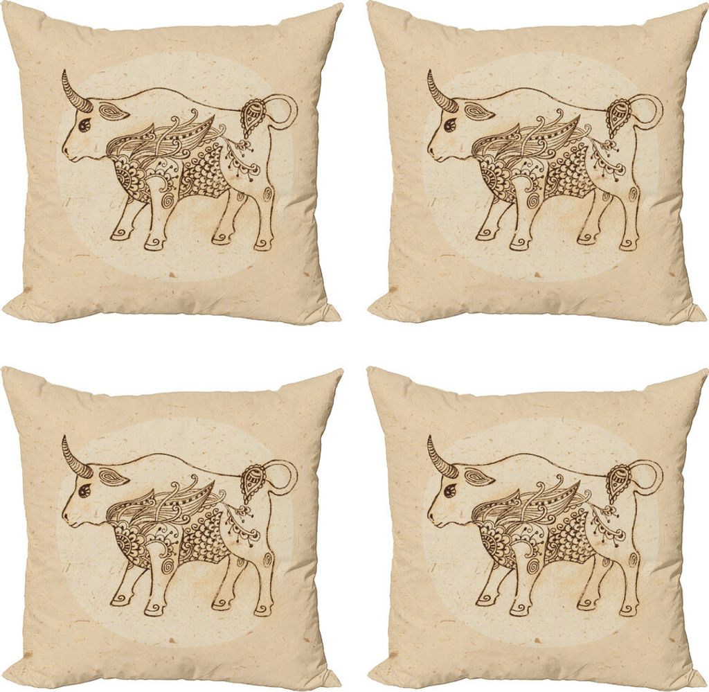 ABAKUHAUS Sternzeichen Stier Kissenbezug Set (4 Stück), Aufwändige Ox, Moderner Doppelseitiger Digitaldruck, 40 cm x 40 cm, Braun und Sand Braun