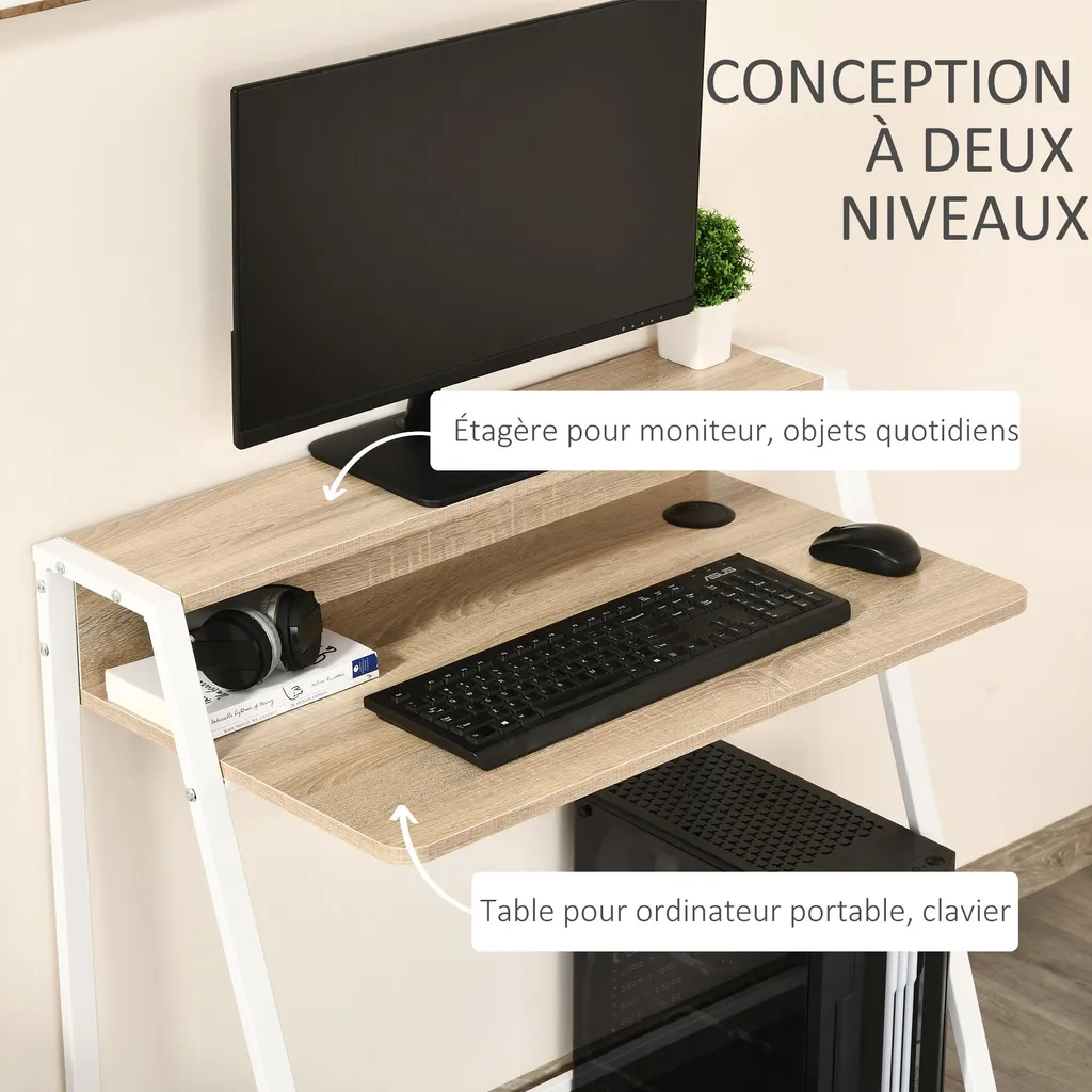 HOMCOM Bureau Informatique 84L x 45l cm Table Ordinateur Bois Chêne Blanc
