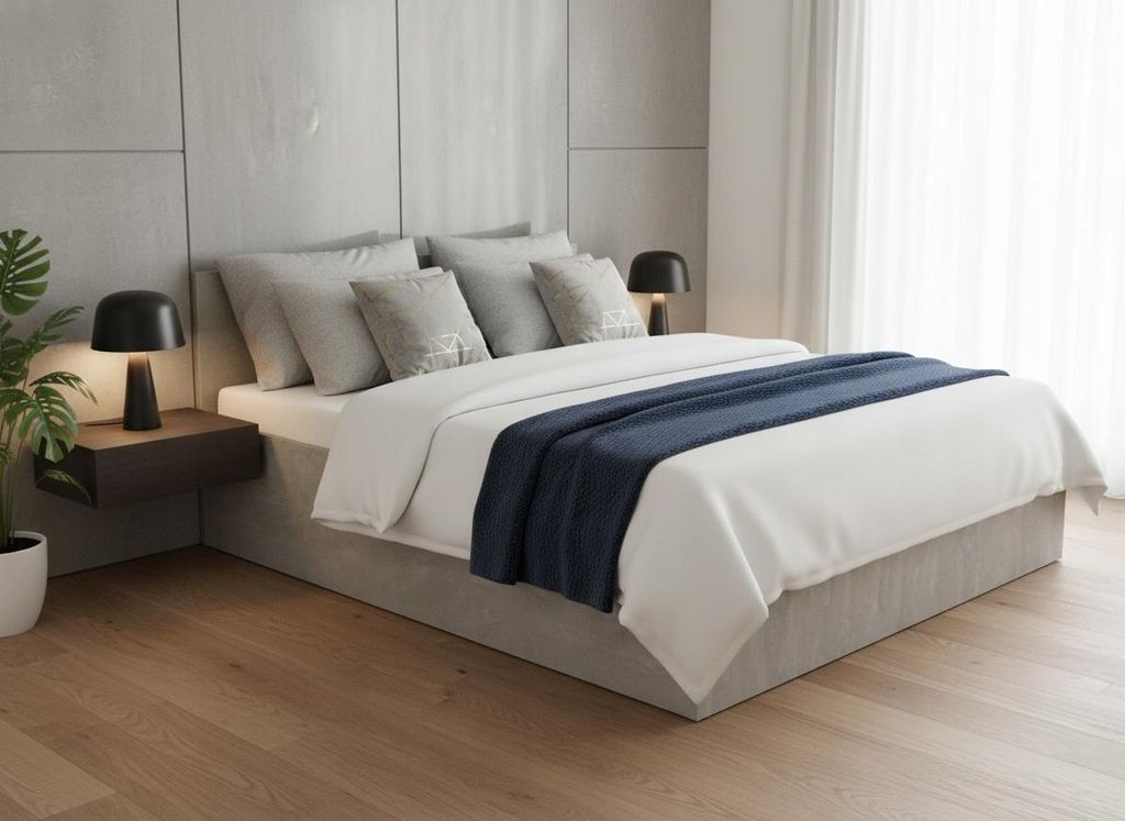 Komvortowy | Bett 120x200 cm | Doppelbett mit Metallrahmen | BETON | Matratze 14 cm H3/H4| Großer Bettkasten und Stauraum | Hochklappbar