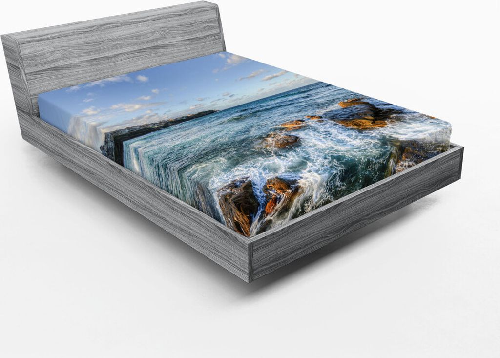 ABAKUHAUS Australien Strand Spannbetttuch, Panorama-Meerlandschaft Bild von schäumenden Wellen Wolken Ozean-Felsen in Sydney, 150 x 190 cm, Mehrfa...