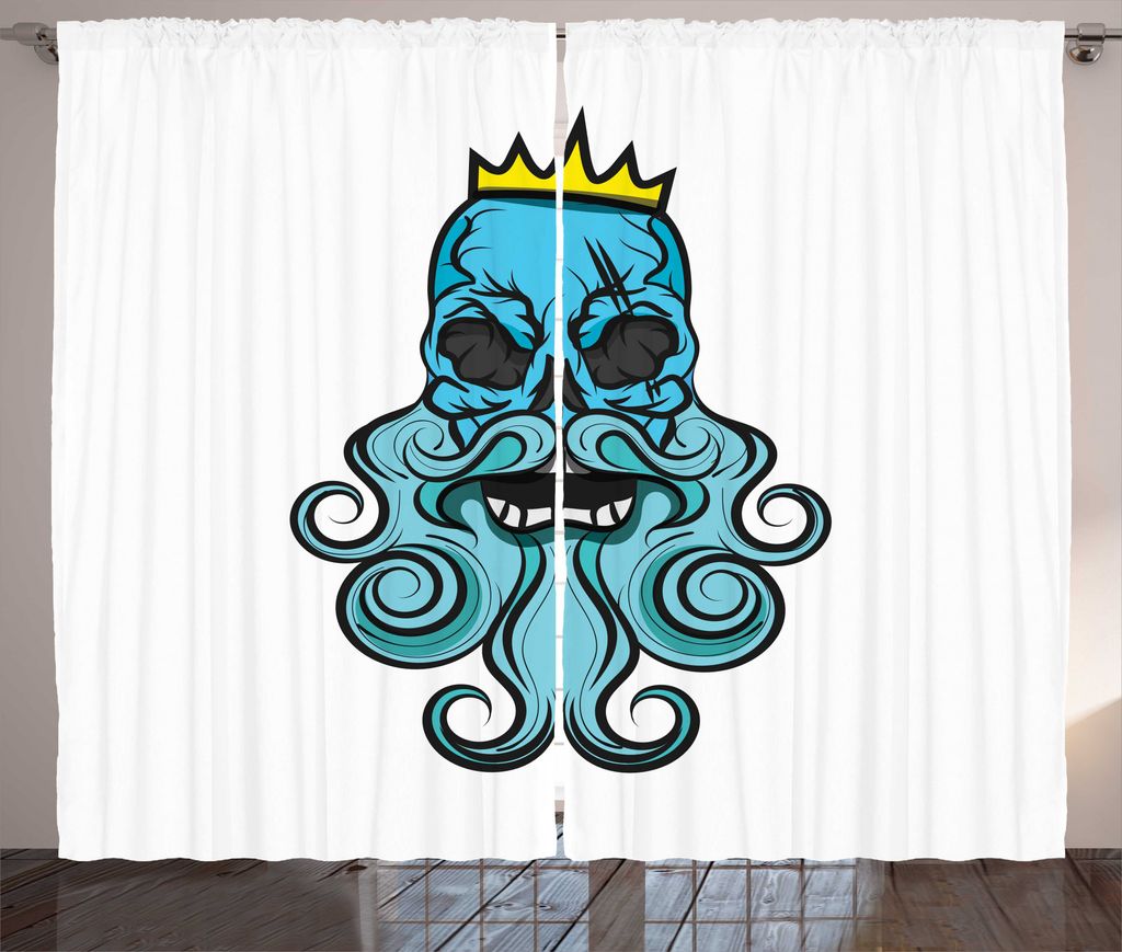 ABAKUHAUS Schädel Rustikaler Vorhang, Beard Royal Crown Skeleton, Wohnzimmer Universalband Gardinen mit Schlaufen und Haken, 280 x 175 cm, Türkis...