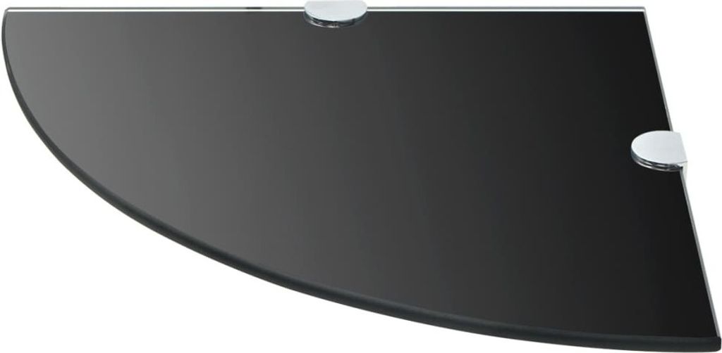 A black glass corner shelf with chrome brackets.
