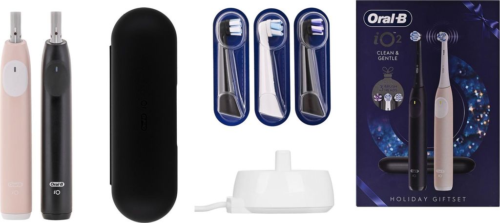A collage of Oral-B IO2 electric toothbrush components and packaging.