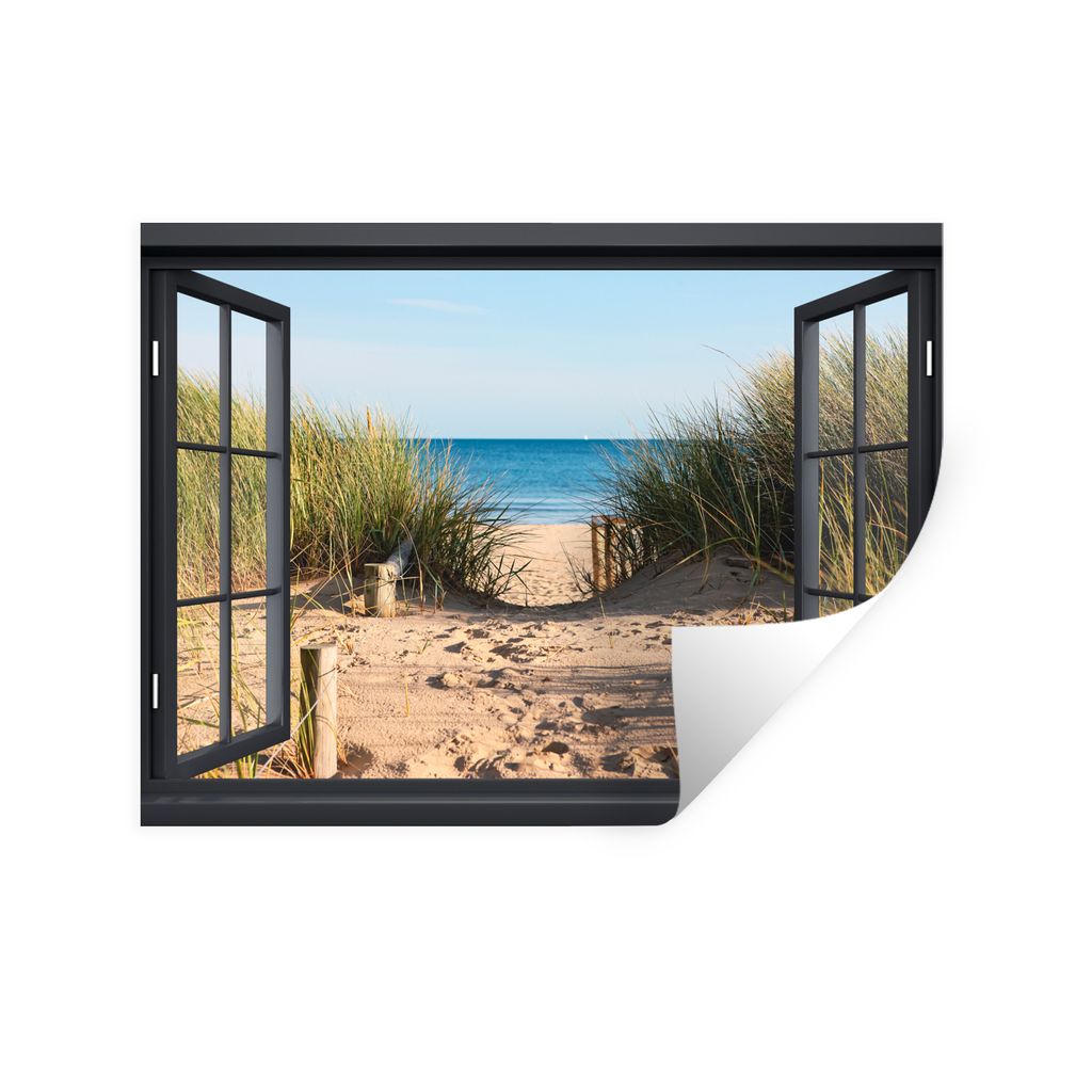 MuchoWow Wandtattoo Wandsticker Wandaufkleber Durchblick - Strand - Meer - Sand - Wasser - Strandhafer - Dünen 120x90 cm Selbstklebend und Repos...