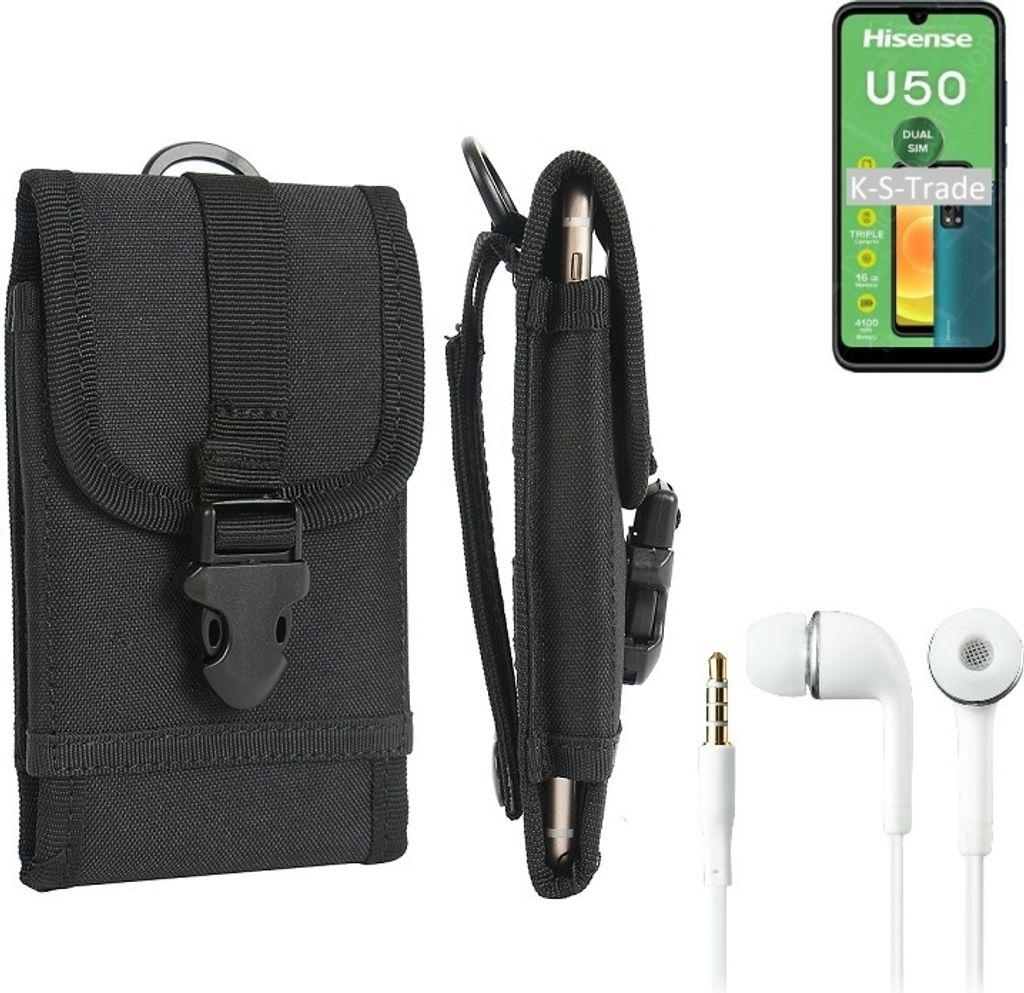 K-S-Trade Holster Schutz Hülle kompatibel mit HiSense U50 Gürteltasche Handy Hülle Tasche outdoor Seitentasche schwarz 1x + Kopfhörer