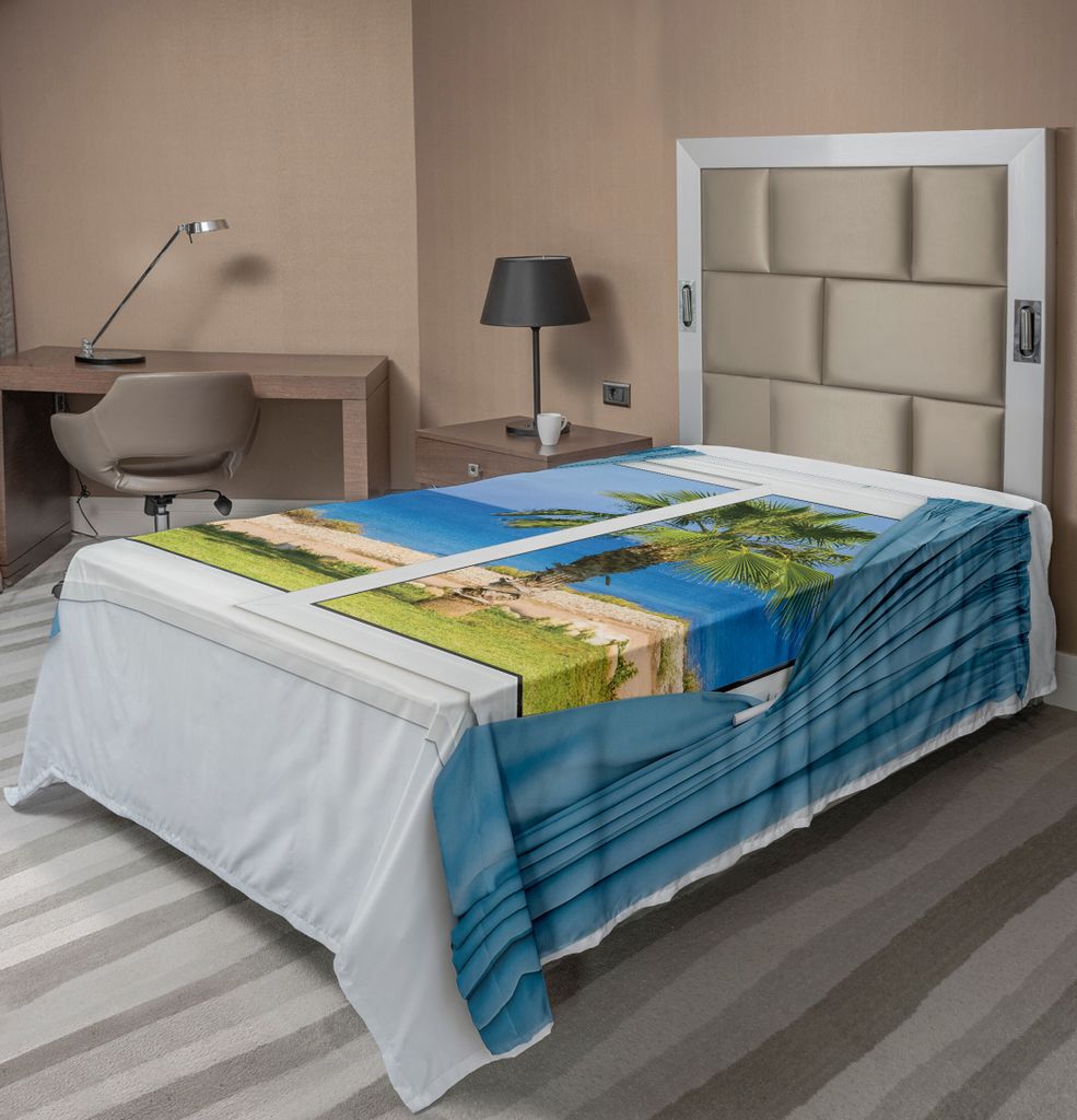 ABAKUHAUS Palme Bettlaken, Blaue Vorhänge Weiße Wände Sunny Day Shore Palme Island Aussicht Horizon Rest, weiches bequemes oberes Bettlaken für...
