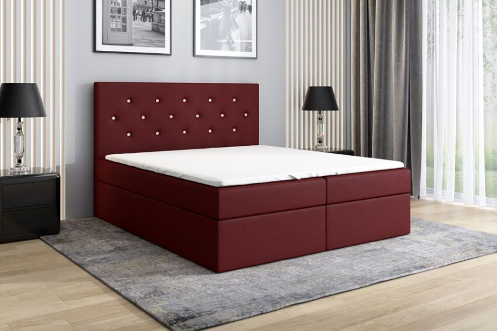 Boxspringbett REGIN 140 x 200 mit 2 Bettkästen, Bonell-Matratze und Topper. Farbe: Dunkelrot