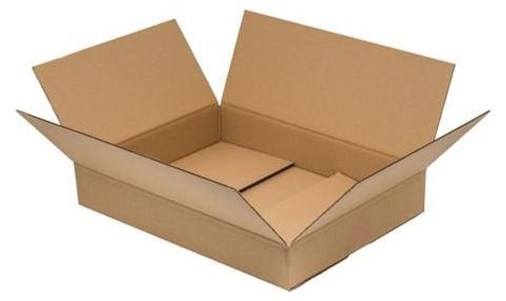 An empty, open cardboard box.