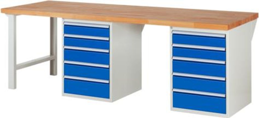 Werkbank mit 10 Schubladen - Vollauszug - 120:4 / 150:4 / 180:2 - 890 x 2.500 x 900 mm (HxBxT) - Traglast 1.000 kg - Buche