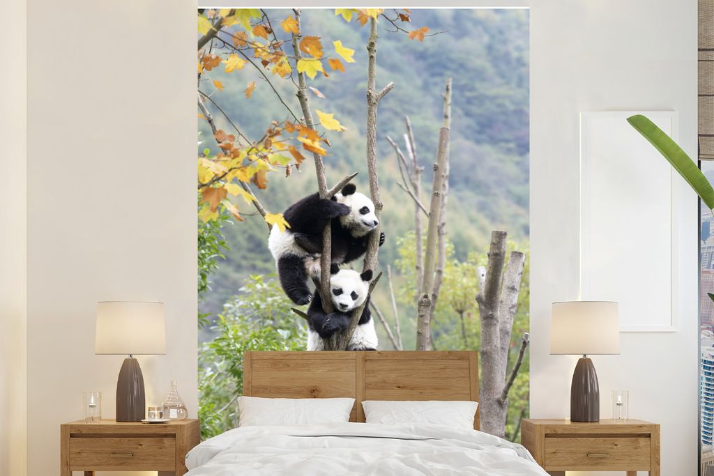 MuchoWow Fototapete für Wohnzimmer oder Schlafzimmer Wandtapete Vinyl Motivtapete Panda - Baum - Äste - 160x240 cm - Vinyltapete