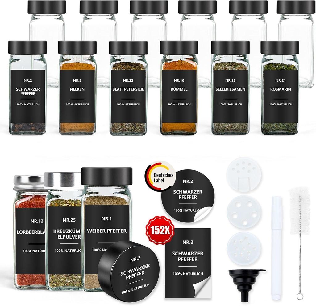 12er-Set Gewürzgläser Set, Glas Gewürzdosen mit Etiketten, luftdicht, BPA-frei, Küchen Organizer für Schublade und Regal