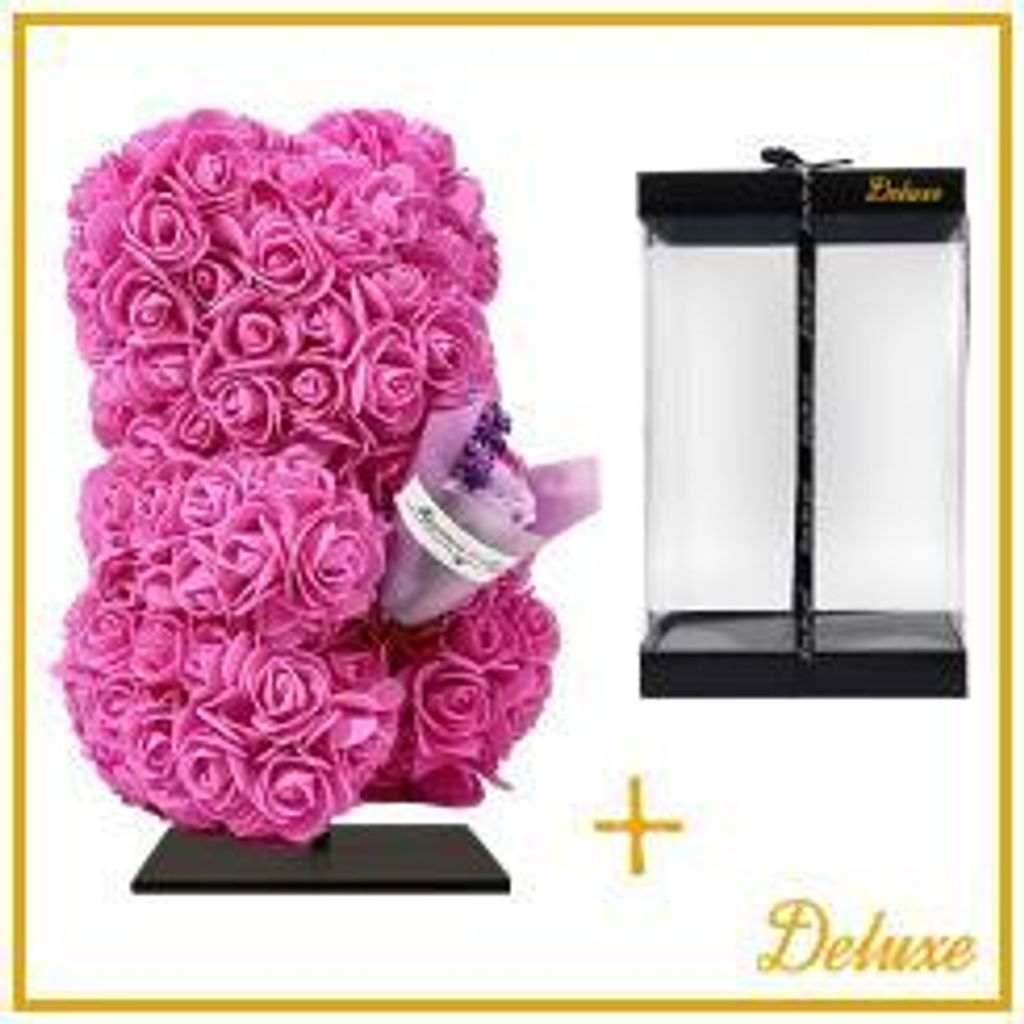 Bär DELUXE auf Ständer 25 cm – Fuchsia Schaumstoff mit Blumenstrauß – in r Geschenkverpackung 25 cm