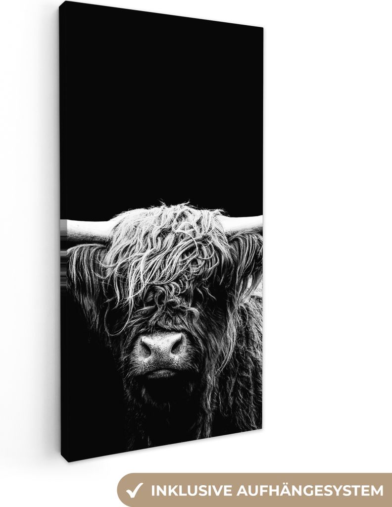 MuchoWow - Leinwandbilder - Schottischer Highlander - Kuh - Schwarz - Weiß - Tiere, Wandbild, Wanddeko Bilder Wohnzimmer, 20x40 cm