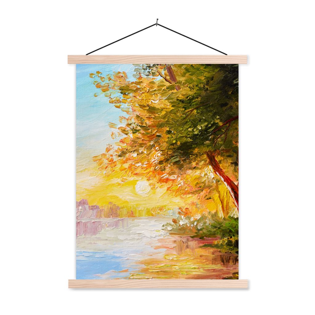MuchoWow Textilposter Natur - Malerei - Baum - Wasser 120x160 cm mit holzfarbenen Rahmen - Plakatkarton