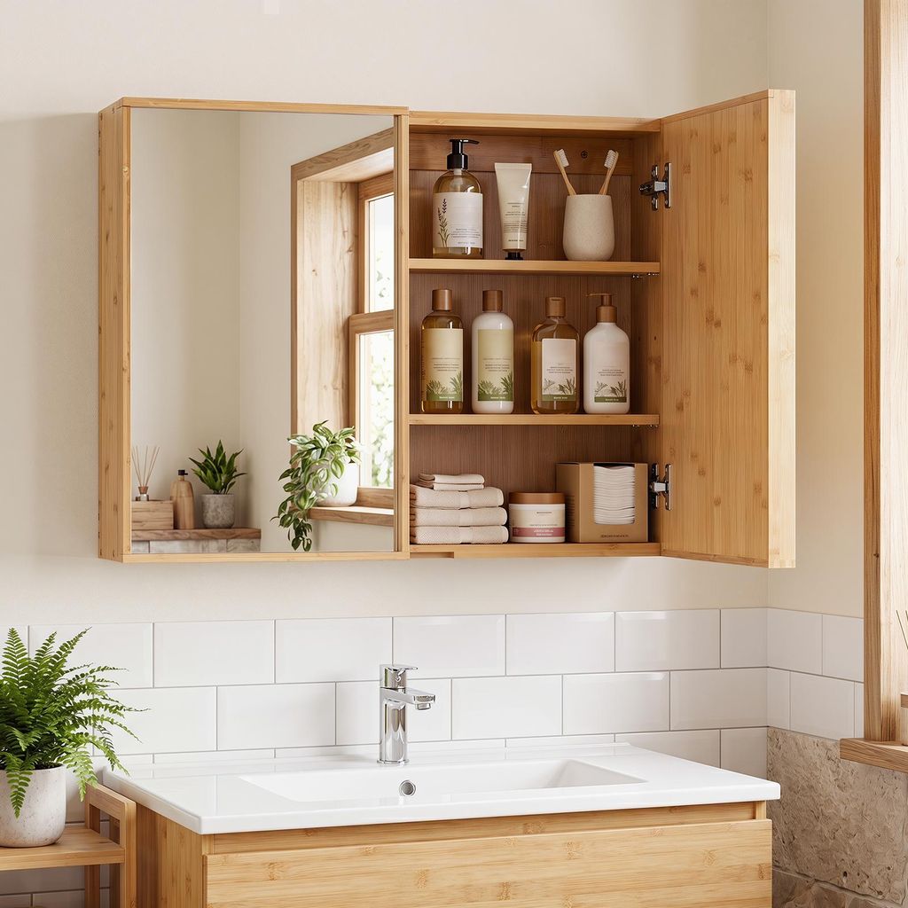 COSTWAY Bambus Spiegelschrank Bad, Badezimmerschrank mit