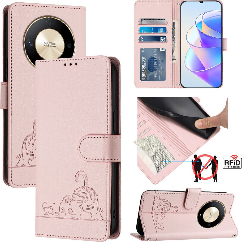 Leder Hülle für Honor X9b / Magic6 Lite Süße Katze Flip Case Brieftasche Schutzhülle mit Standfunktion Pink