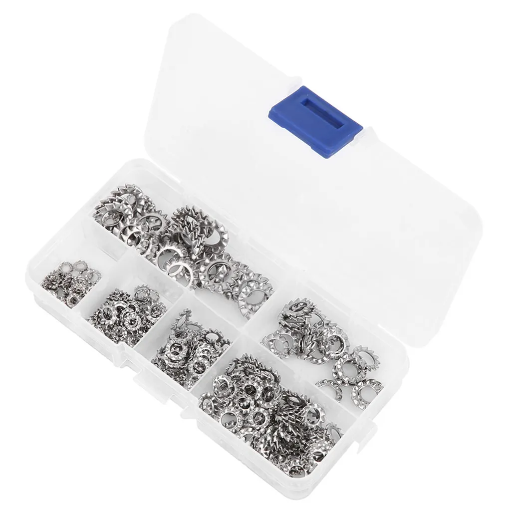 Rondella di bloccaggio a stella, rondelle di bloccaggio a dente esterno, assortimento di rondelle piatte, guarnizione in acciaio inox, elementi di fissaggio industriali