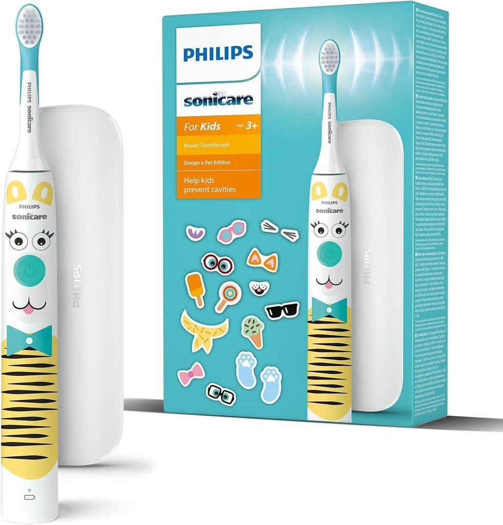 Elektrische Zahnbürste - Design a Pet Edition - mit besonderen Tieraufklebern für Kinder, schmales Reiseetui und USB-Ladegerät