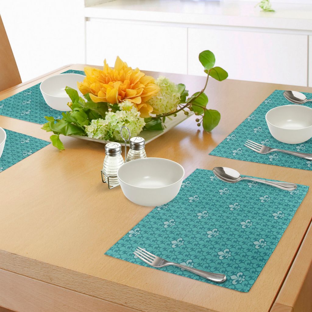ABAKUHAUS Türkis Platzmatten, Fleur De Lis Muster alte Lilie verzierten mittelalterlichen Interieur monochromen Kunst, Tiscjdeco aus Farbfesten St...