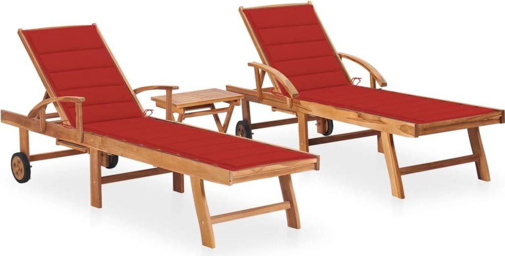 Sonnenliegen 2 Stk. mit Tisch und Auflagen Massivholz Teak