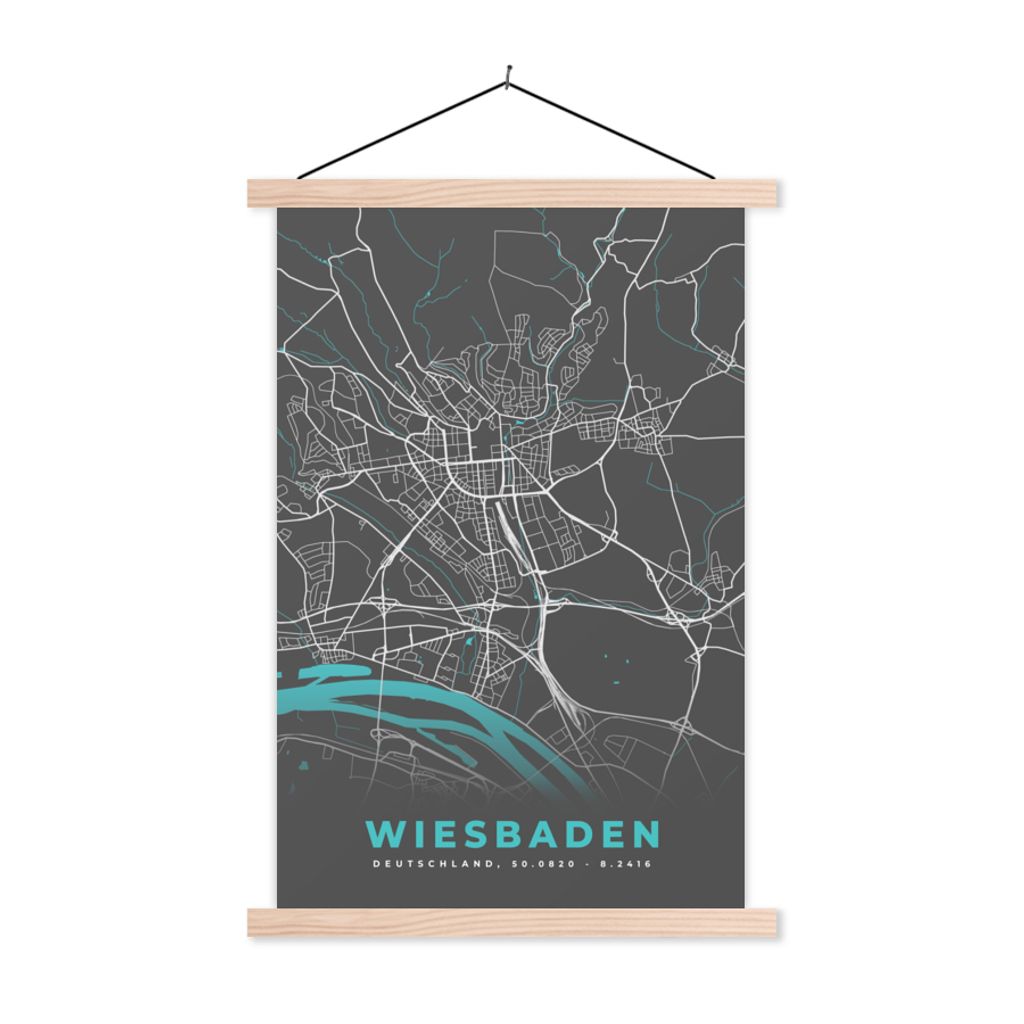 MuchoWow Textilposter Stadtplan - Deutschland - Blau - Wiesbaden - Karte 60x90 cm mit holzfarbenen Rahmen - Textil
