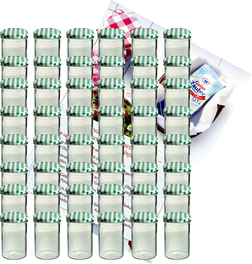 A collection of glass jars with green and white checkered lids, arranged in rows. A small packet with text is visible in the background.
