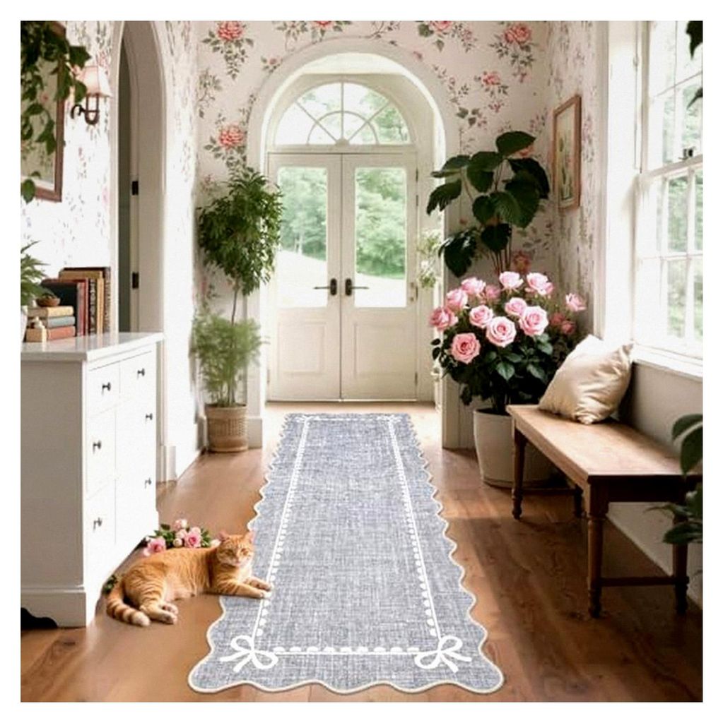 Flurteppich 60 x 180 cm, Moderner gewellter Schleifenteppich, rutschfester waschbarer Küchenläufer, Kurzflor-Teppich für Kinderzimmer und Schlaf...