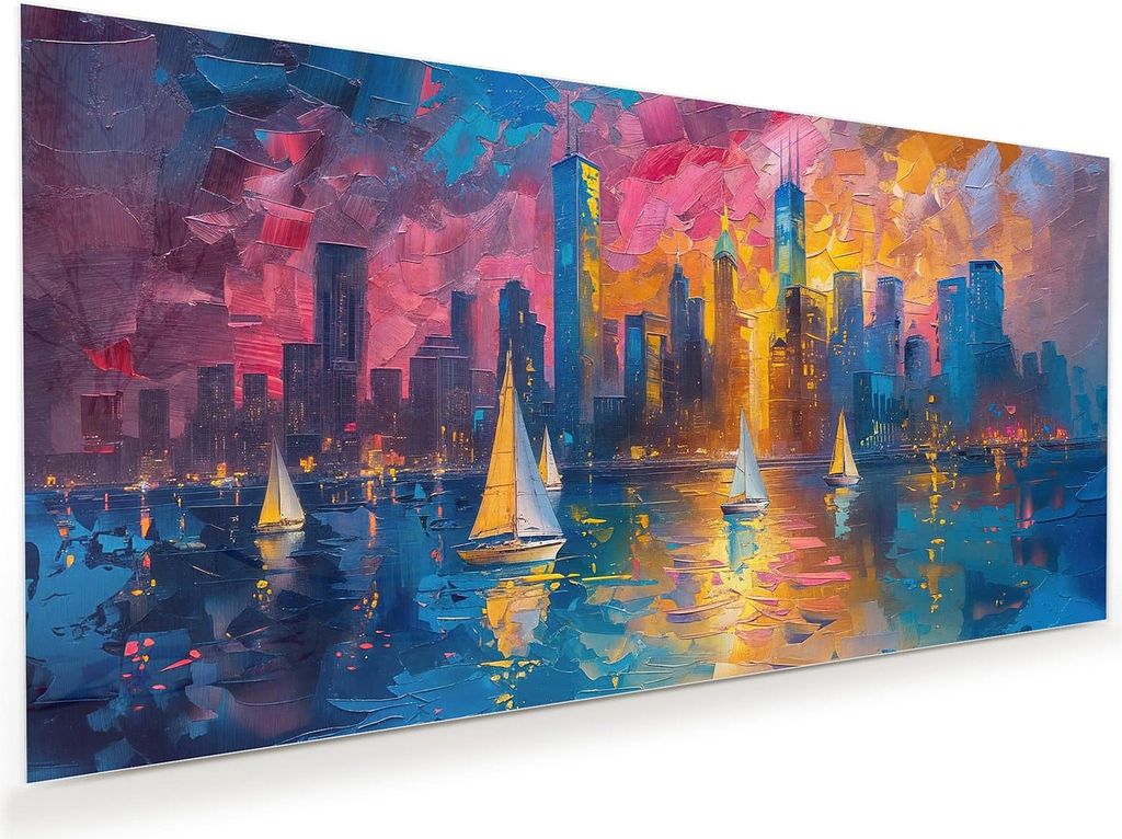 Glasbild 110x55cm in XXL für Wohnzimmer, Schlafzimmer Motiv Hafenstadt Bei Nacht